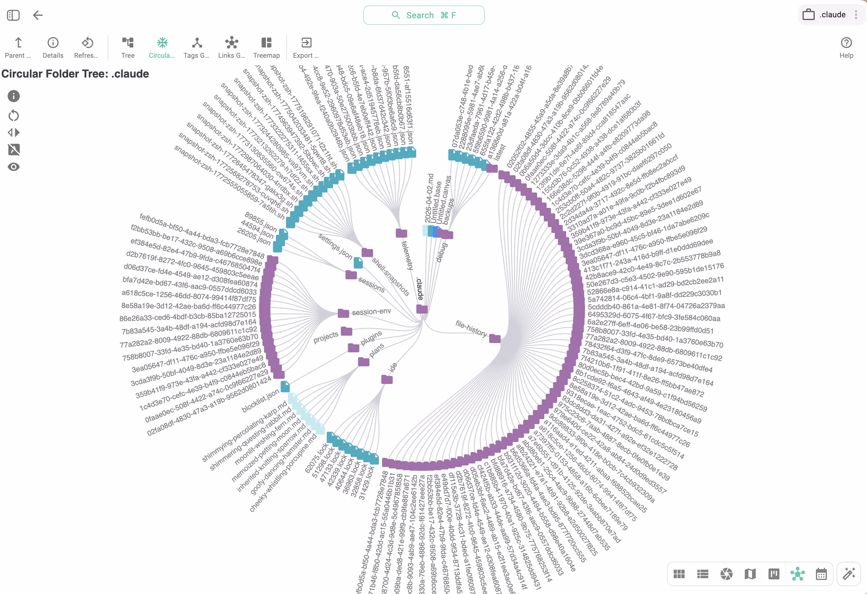 A regular '.claude' directory — showing memory files, plans, and settings generated by Claude Code visualized in TagSpaces
