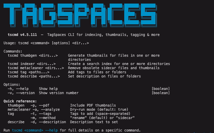 tscmd running in a terminal — tagging, describing, and indexing files