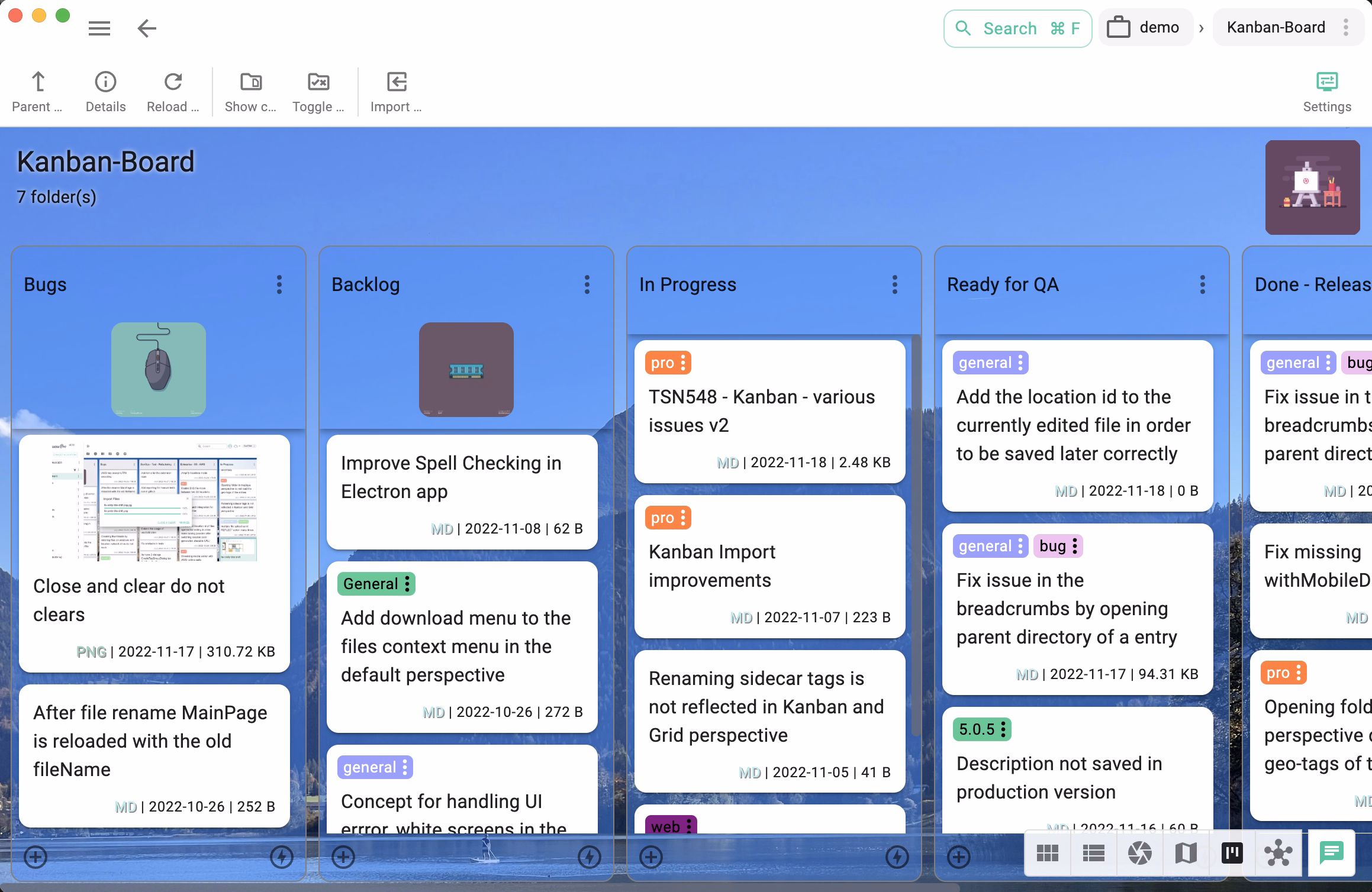 Software sprint board with columns and file cards in TagSpaces Kanban perspective