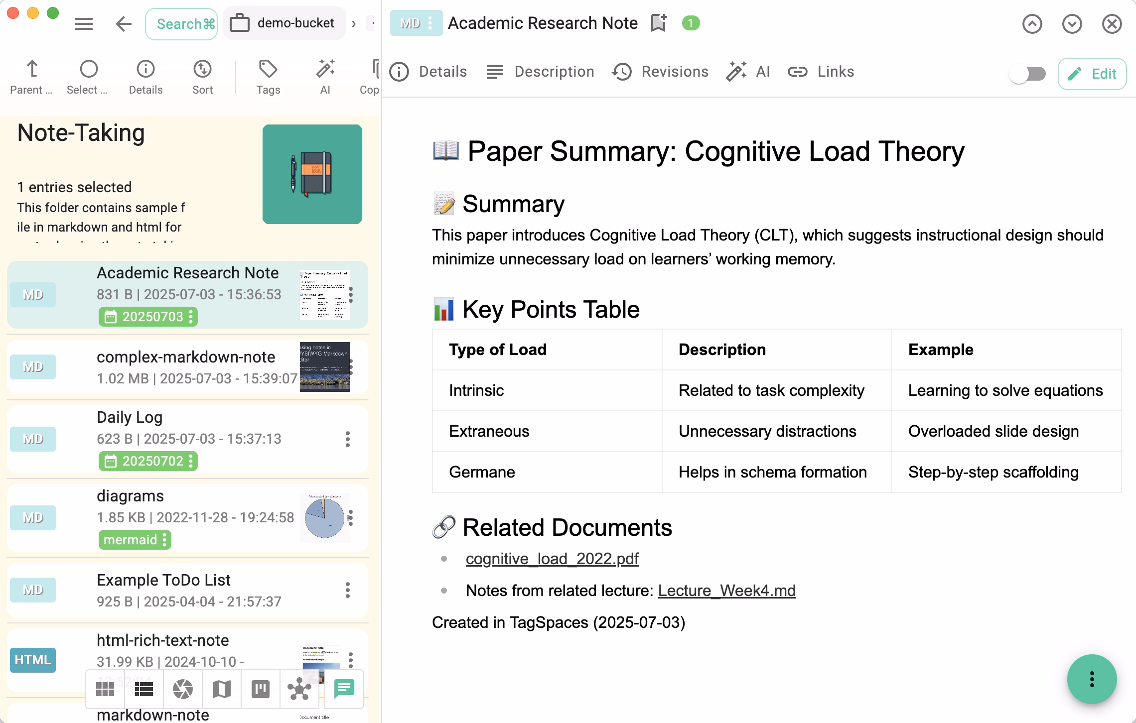 Note-taking use case with tagged notes