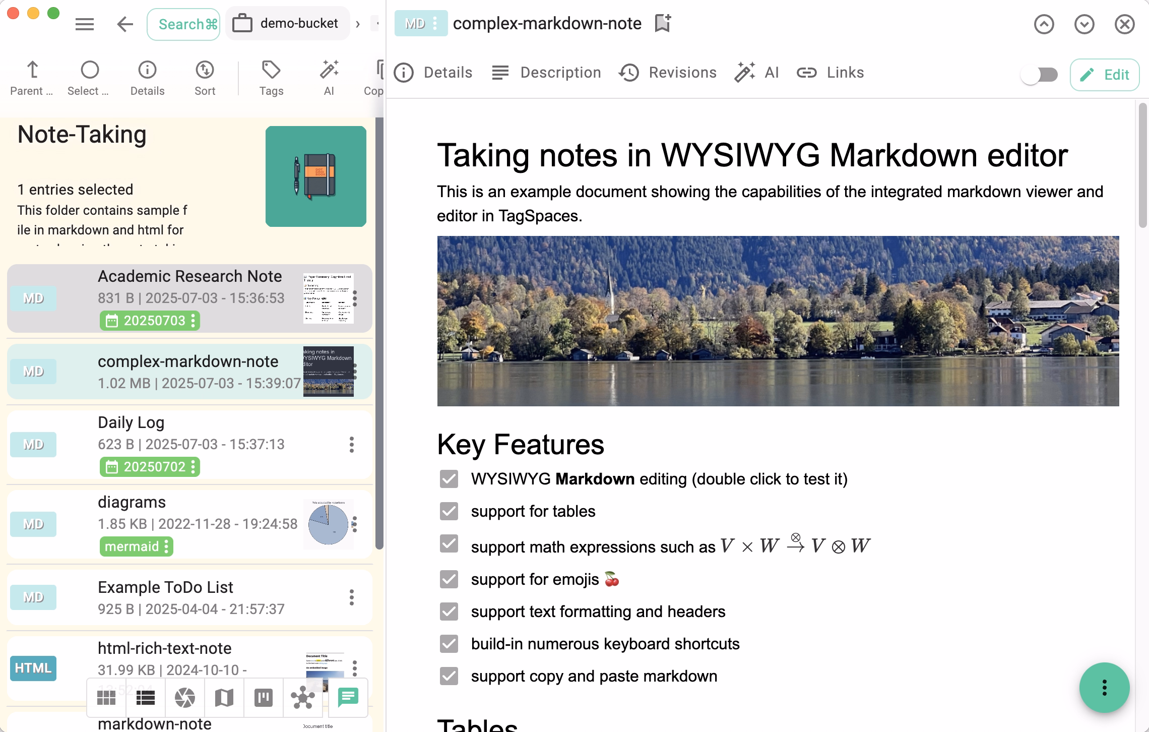 Browsing notes organized by tags