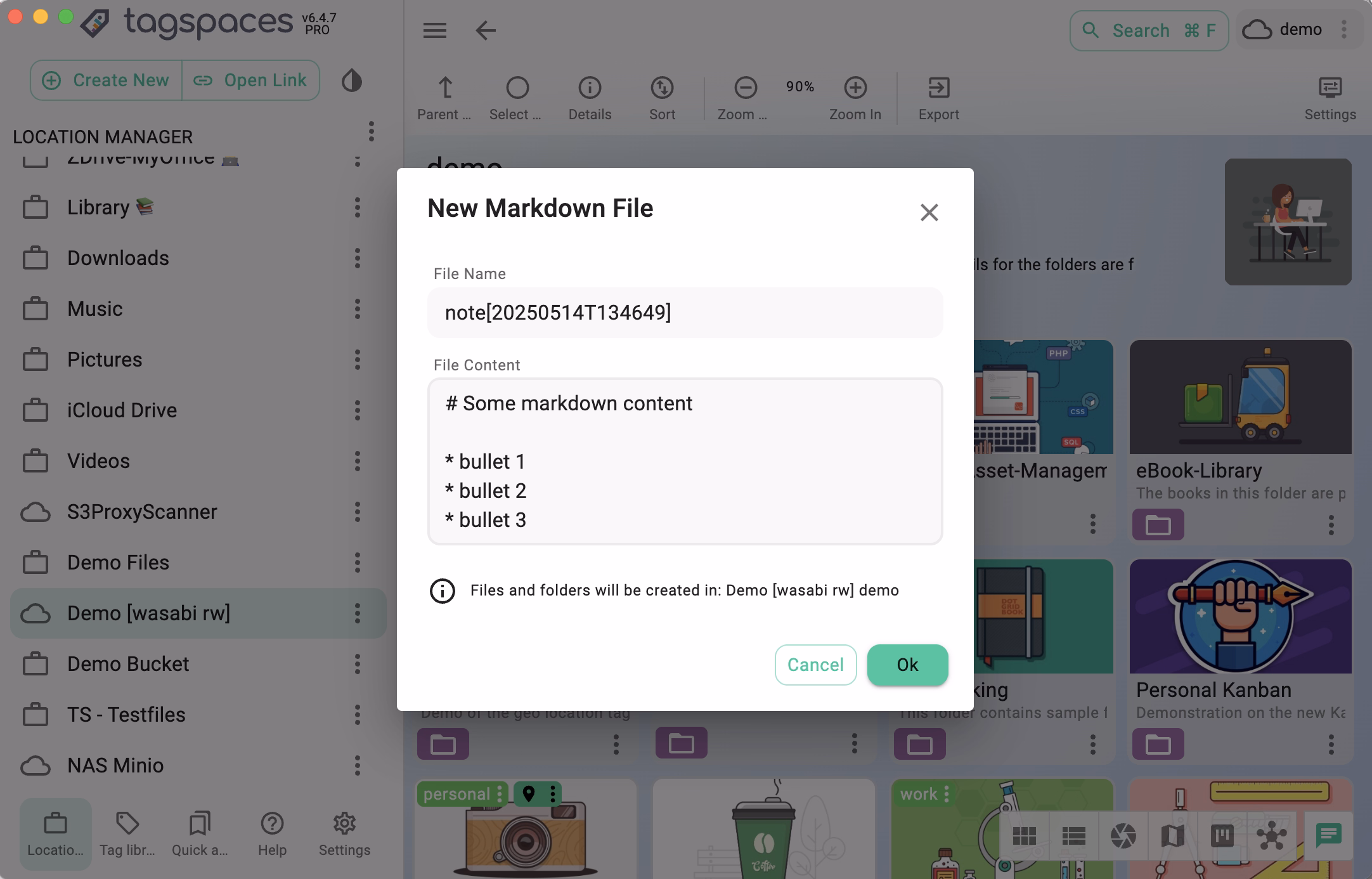 Creating a new Markdown file in TagSpaces