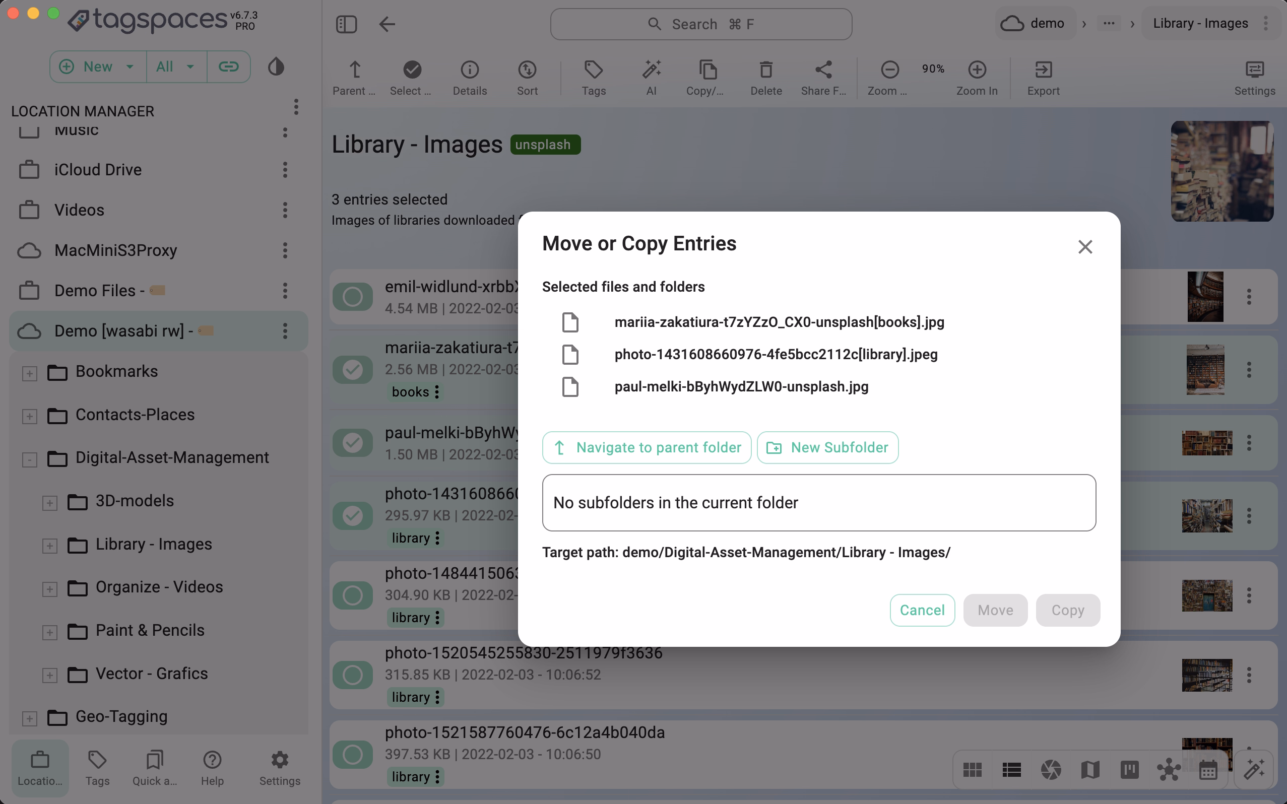 Moving and copying files between folders in TagSpaces file manager