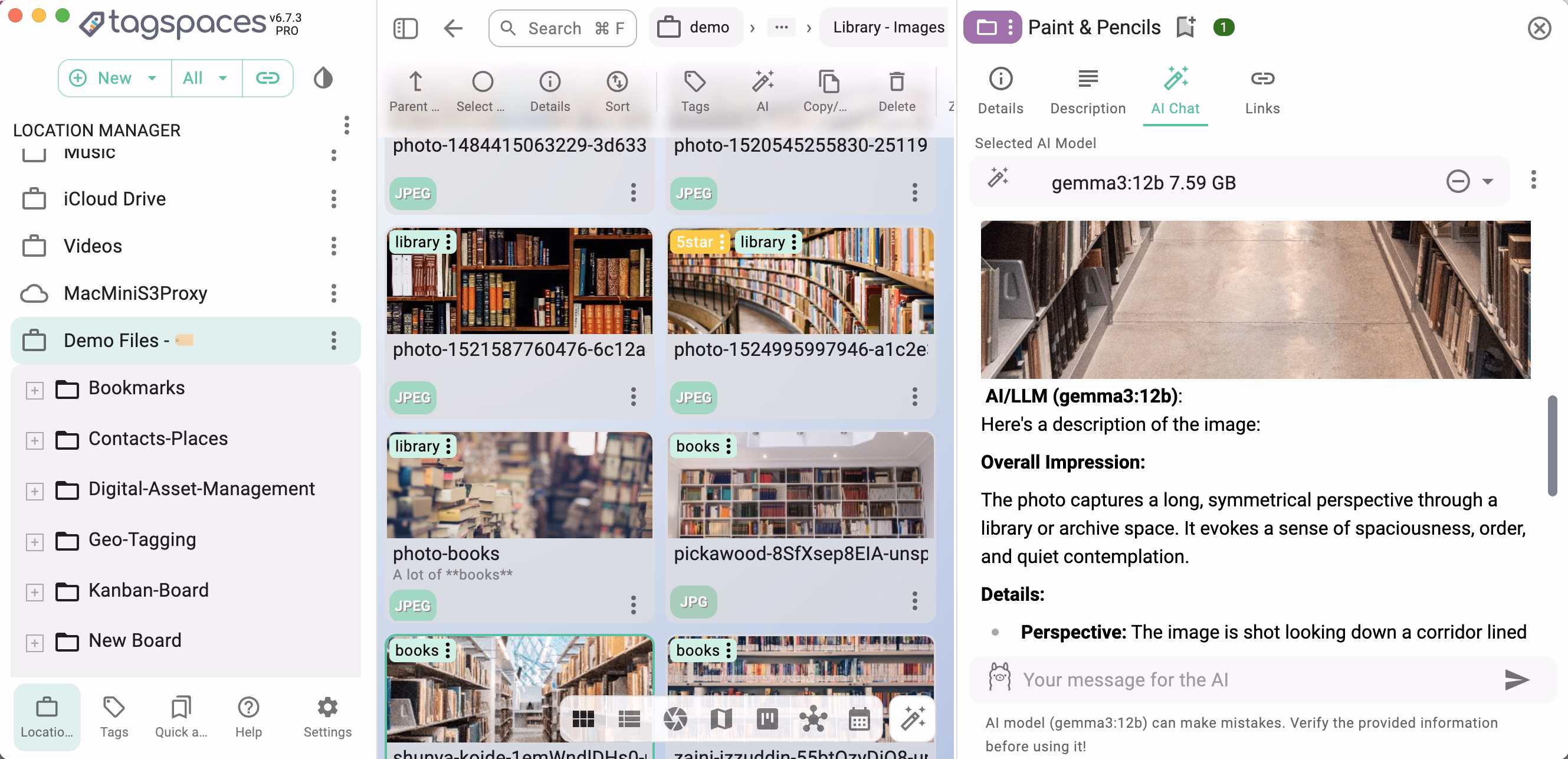 Local AI model describing an image file in TagSpaces AI chat assistant