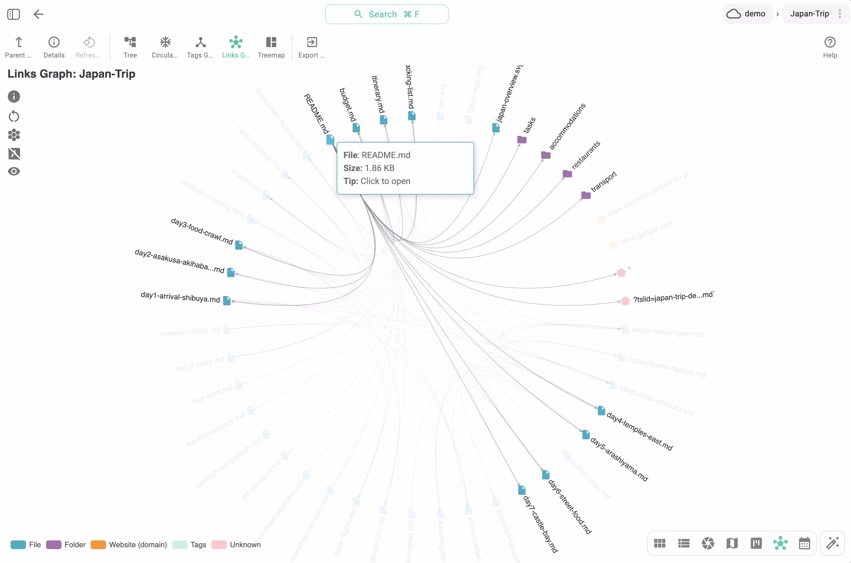 The FolderViz Links Graph — your second brain visualized as a network of connected files